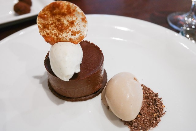 Chocolate Tart with Praline Ice Cream and White Chocolate Cream - County Restaurant at Abode, Canterbury in Kent